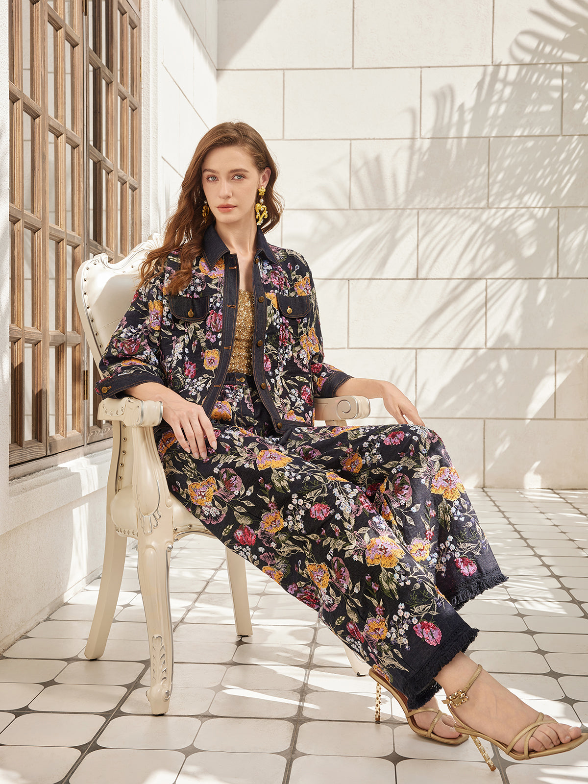 Sequin-Embroidered Floral Denim Jacket