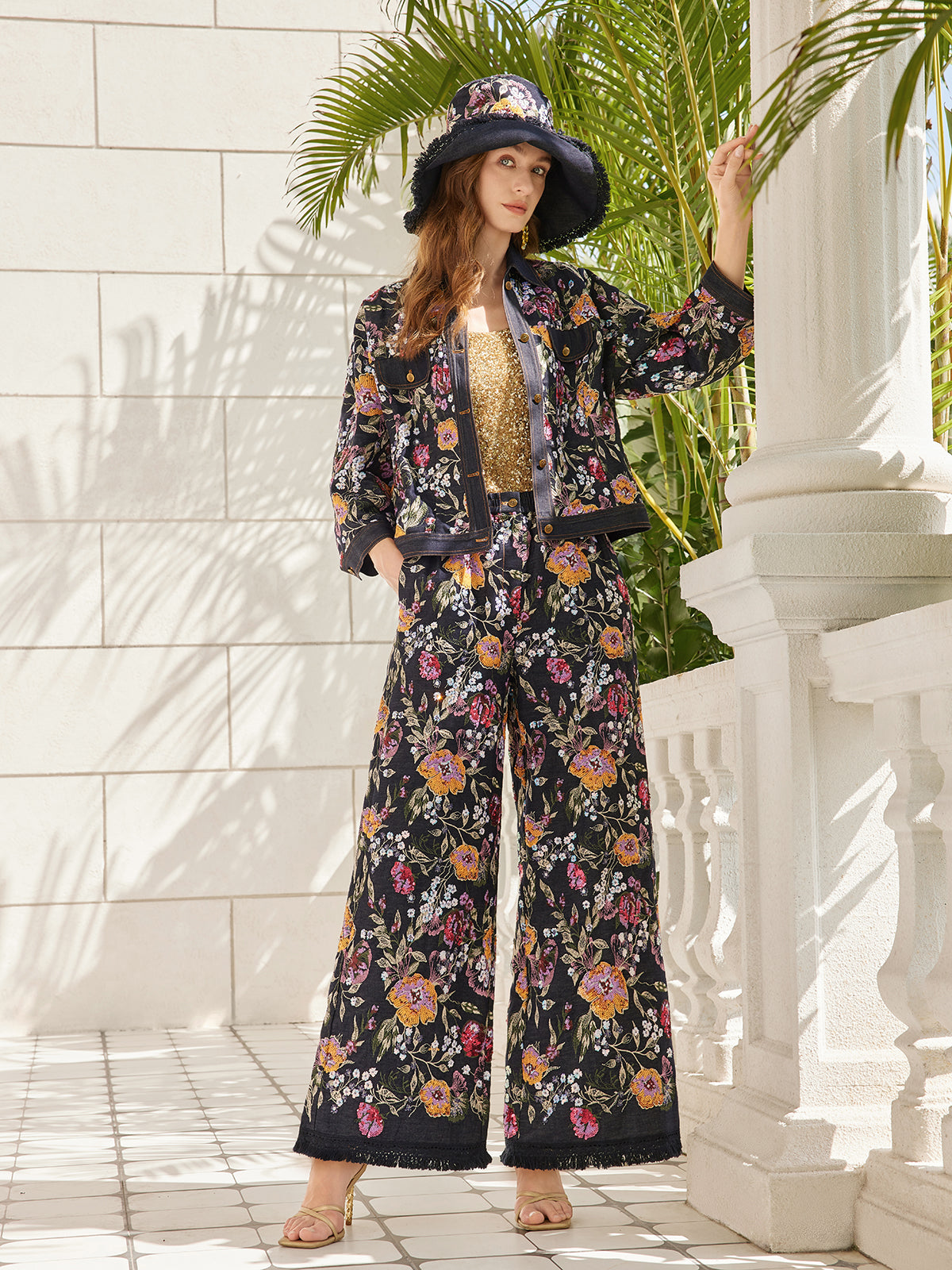 Hand-Beaded Floral Denim Raw-Edge Hat