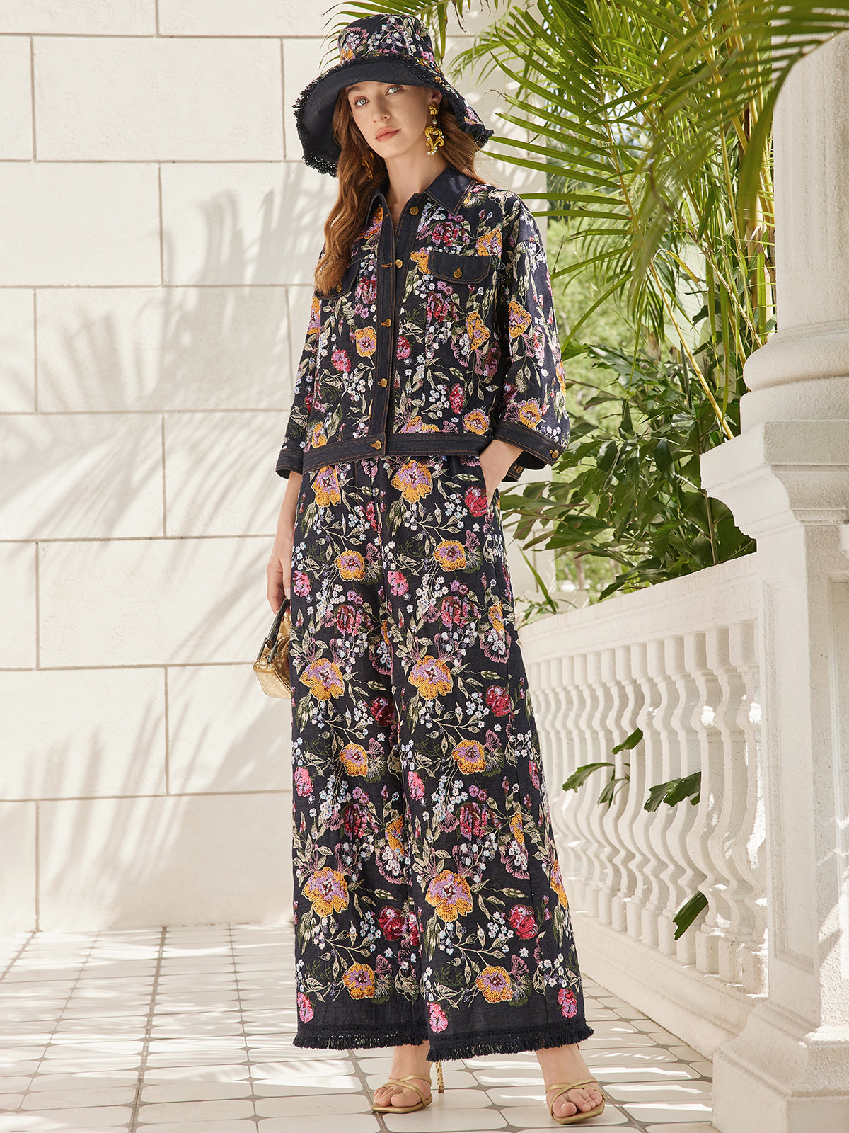 Sequin-Embroidered Denim Raw-Edge Pants