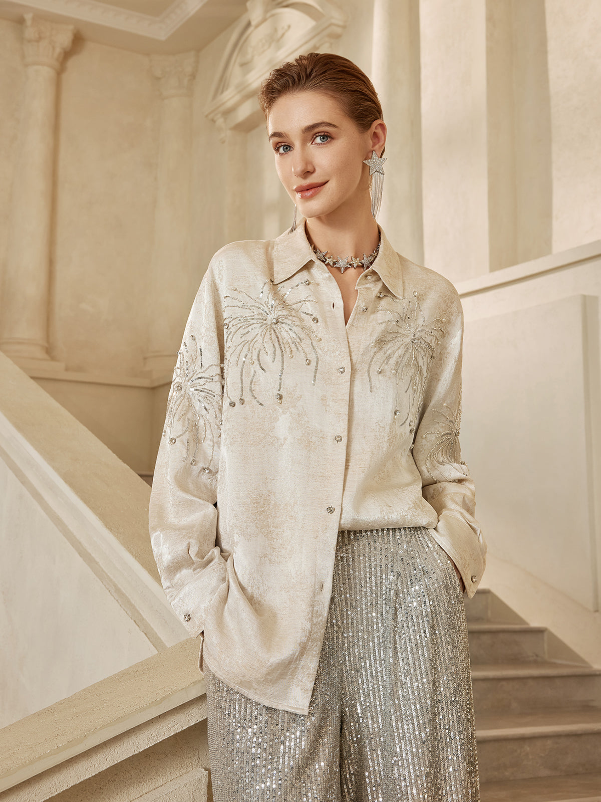 Hand-Beaded Embroidered Jacquard Shirt