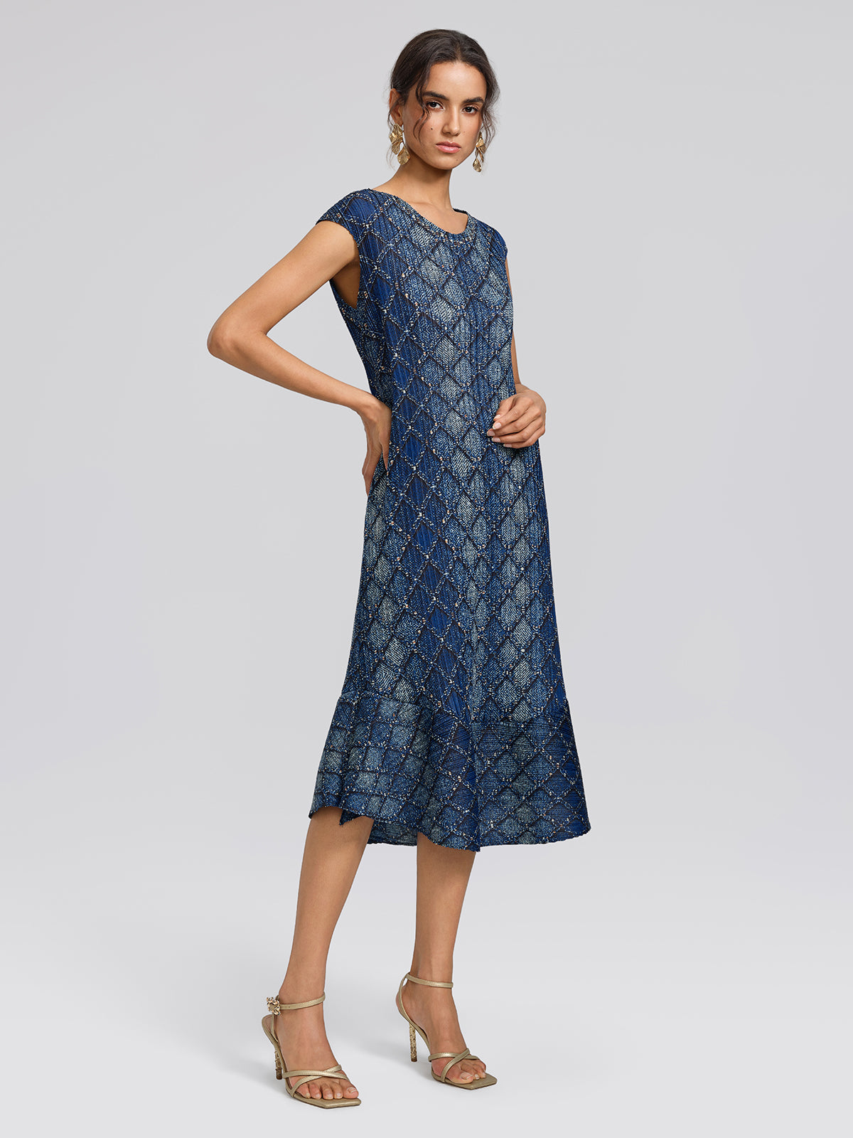 Pleated Diamond Print Mermaid Dress