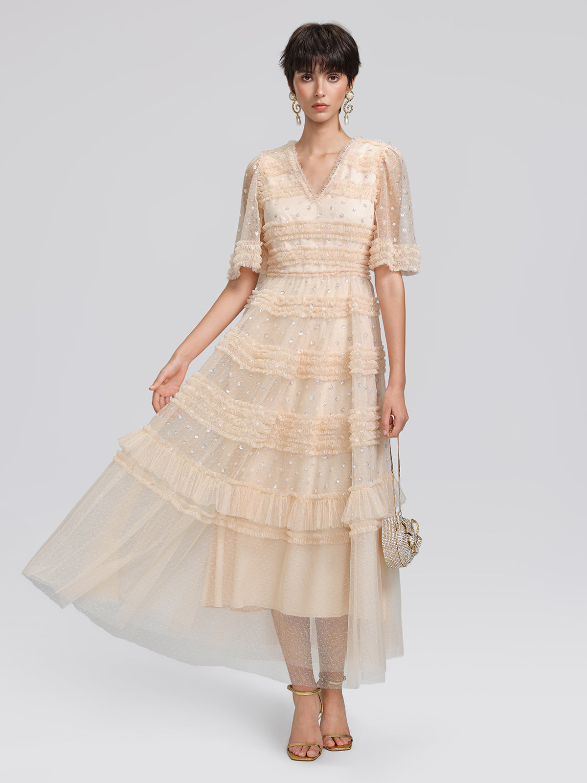 Sequin Embroidered Tulle Ruffled Maxi Dress