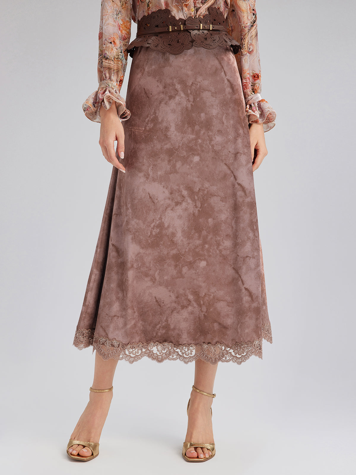 Chestnut Velvet Lace-Trim Fishtail Skirt