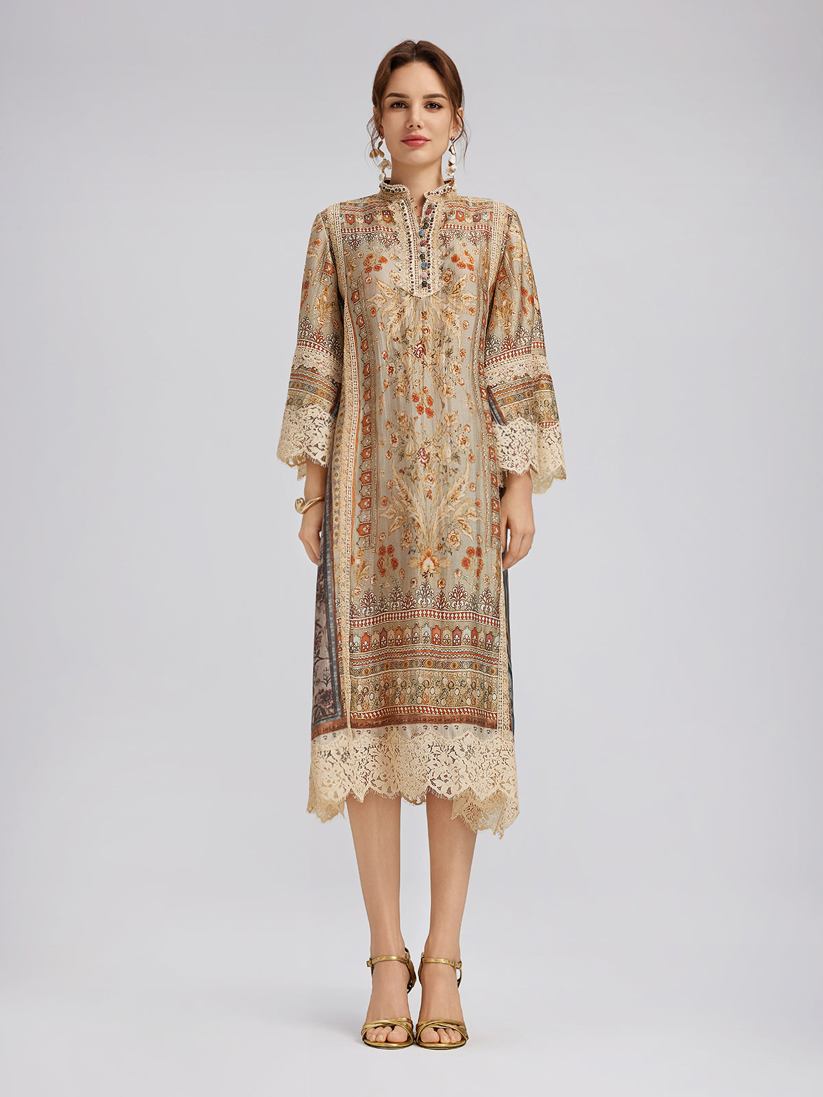 Artistic Botanical Print Lace-Trim Dress (Belt Included)