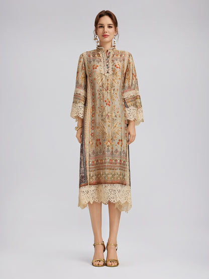 Artistic Botanical Print Lace-Trim Dress (Belt Included)