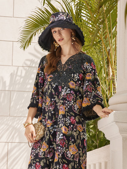 Sequin-Embroidered Raw-Edge V-Neck Dress