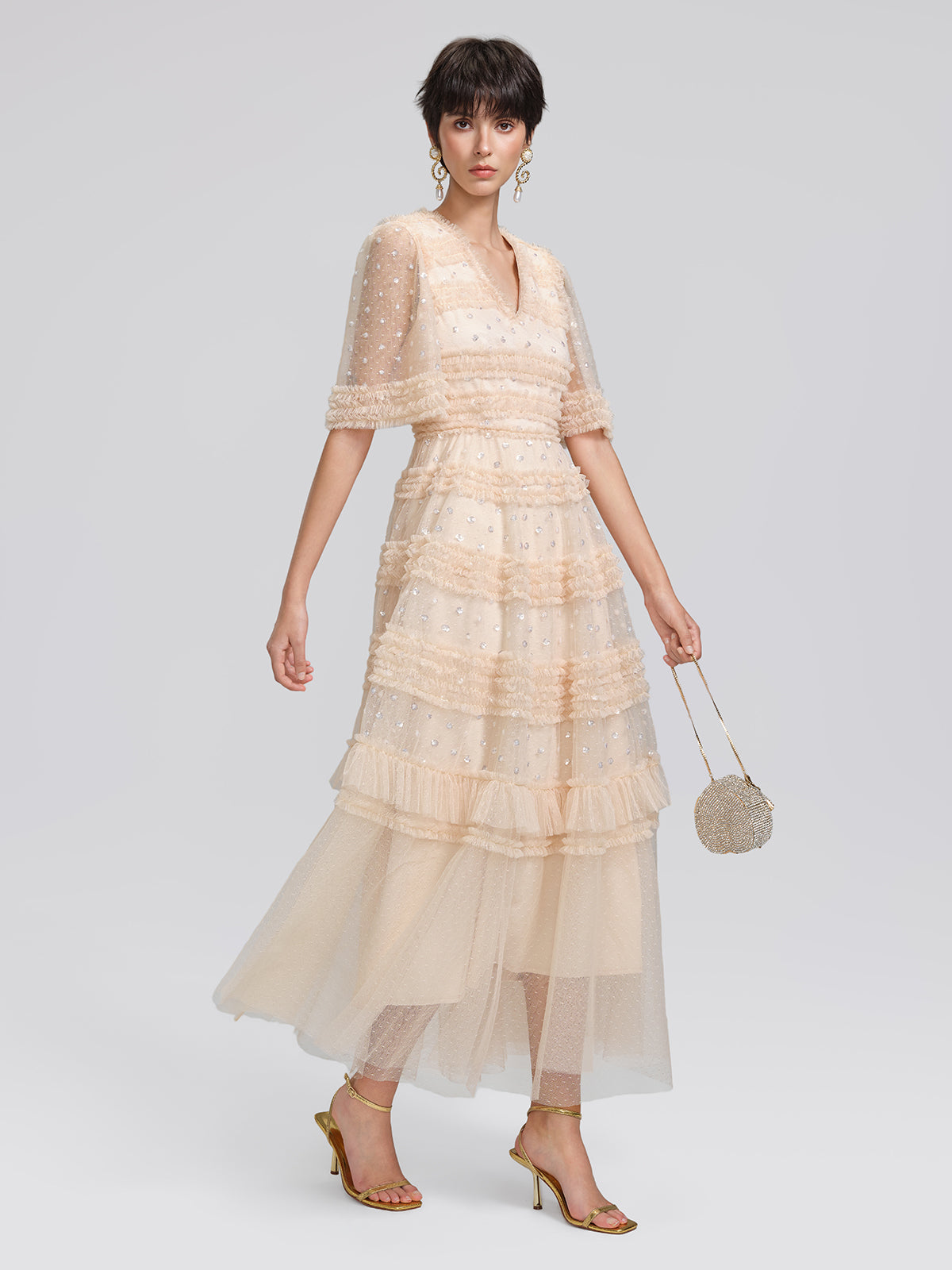 Sequin Embroidered Tulle Ruffled Maxi Dress