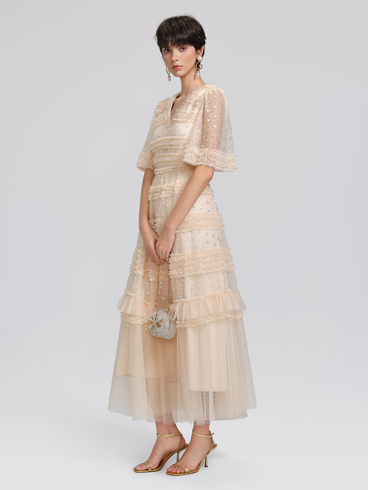 Sequin Embroidered Tulle Ruffled Maxi Dress