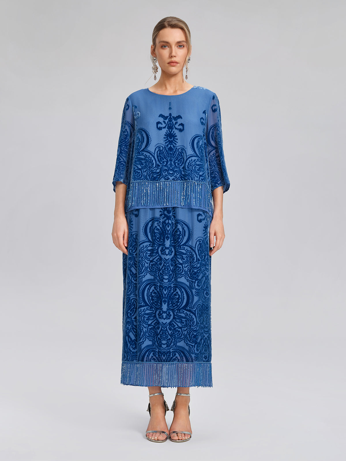 Silk Velvet Burnout Fringe Elasticated Waist Skirt