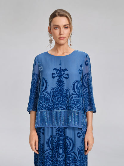 Silk Velvet Burnout Fringe Beaded Top