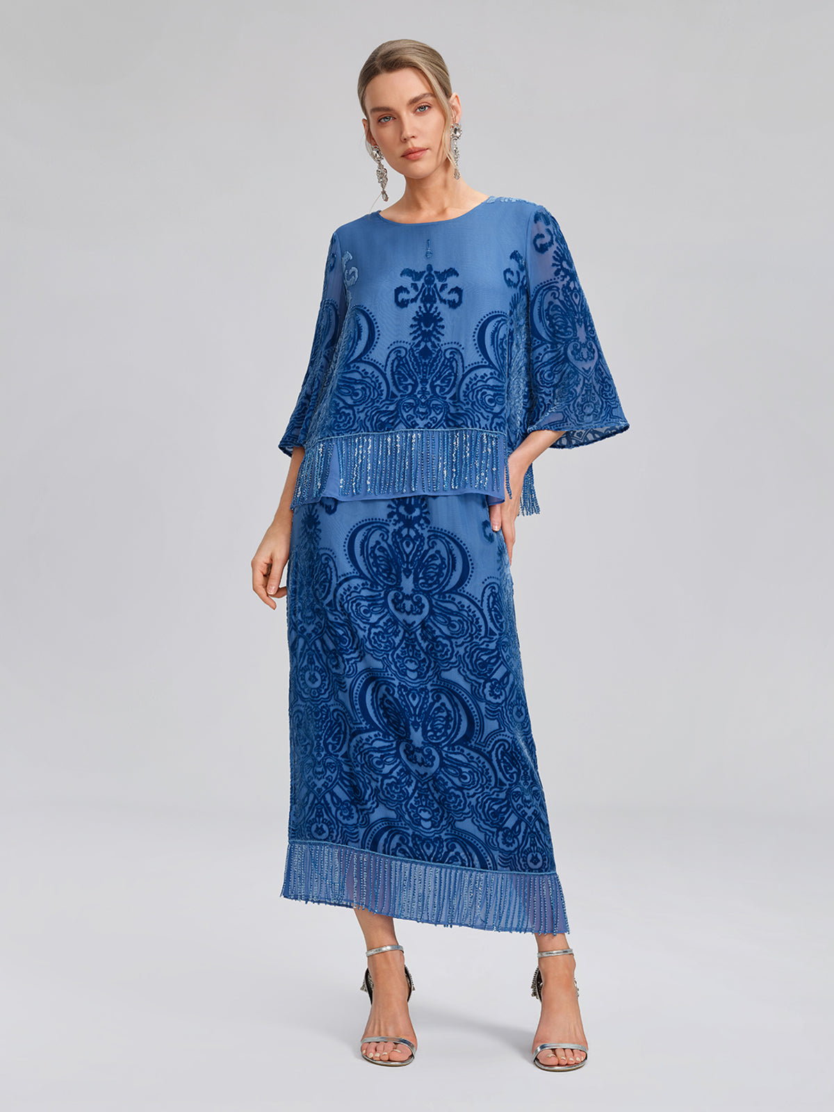 Silk Velvet Burnout Fringe Elasticated Waist Skirt
