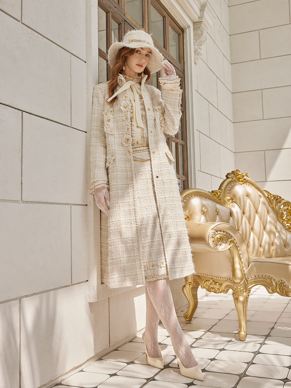 Two-Tone Check Tweed Hand-Beaded Floral Coat