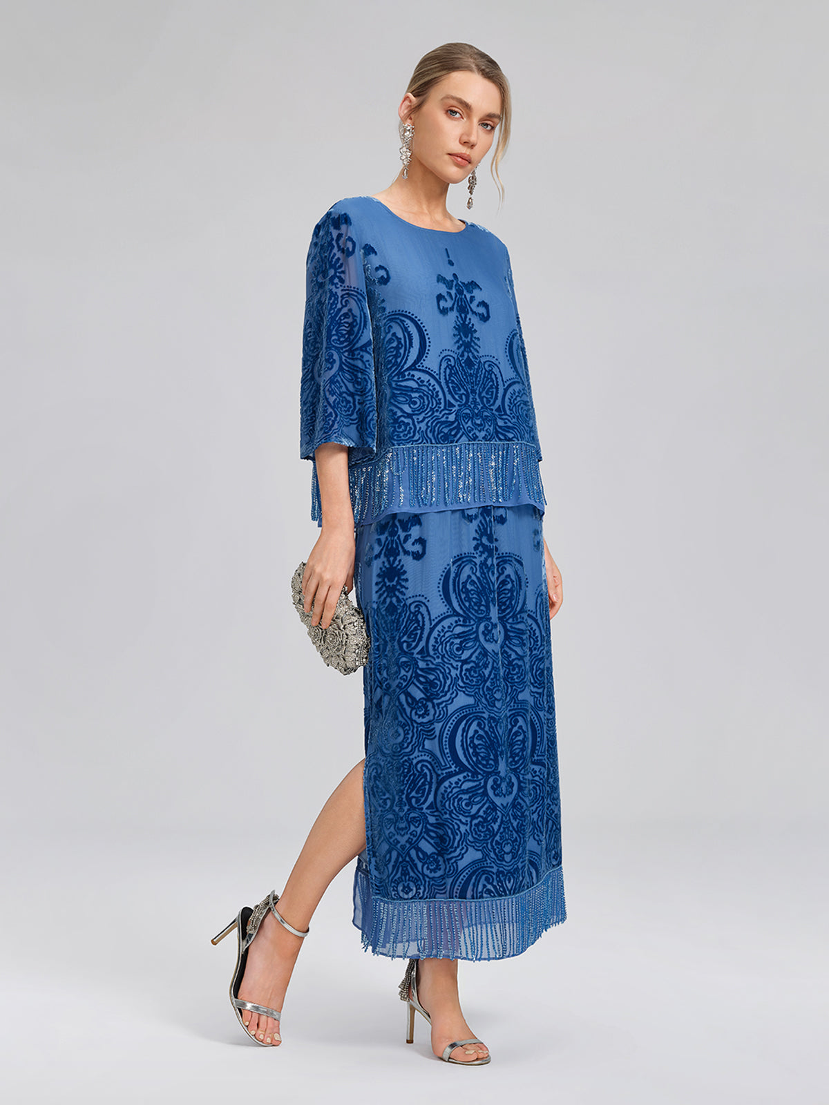 Silk Velvet Burnout Fringe Elasticated Waist Skirt