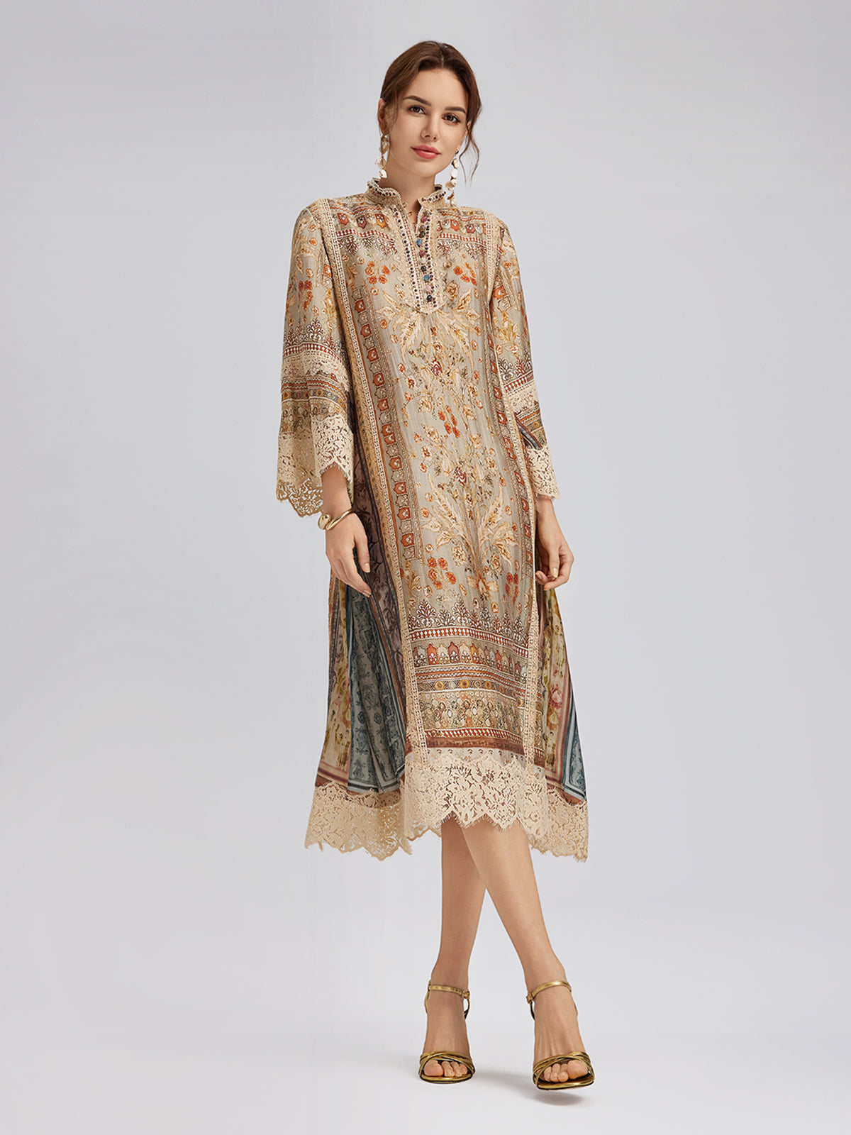 Artistic Botanical Print Lace-Trim Dress (Belt Included)