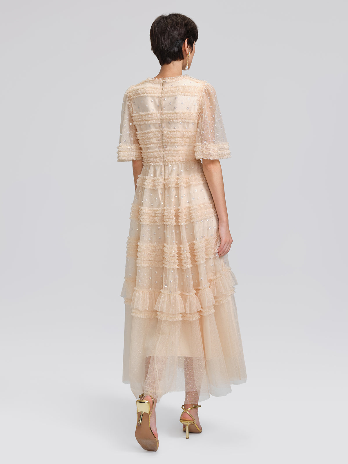 Sequin Embroidered Tulle Ruffled Maxi Dress