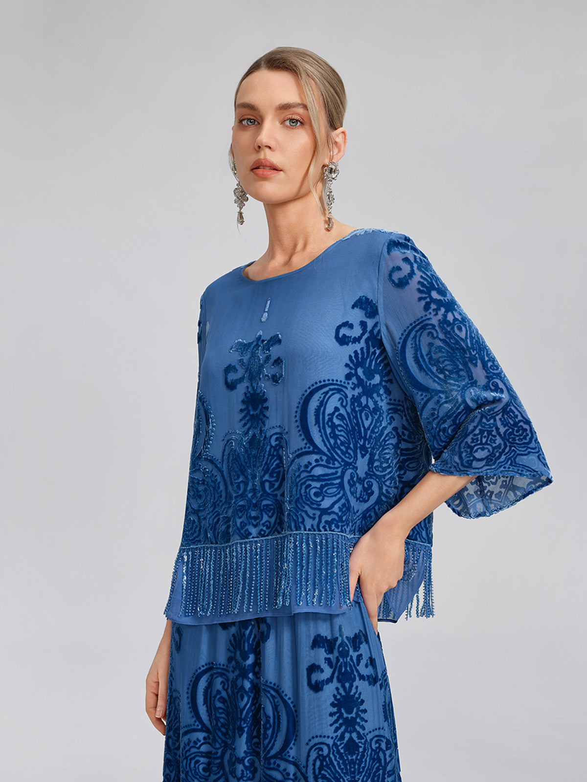 Silk Velvet Burnout Fringe Beaded Top