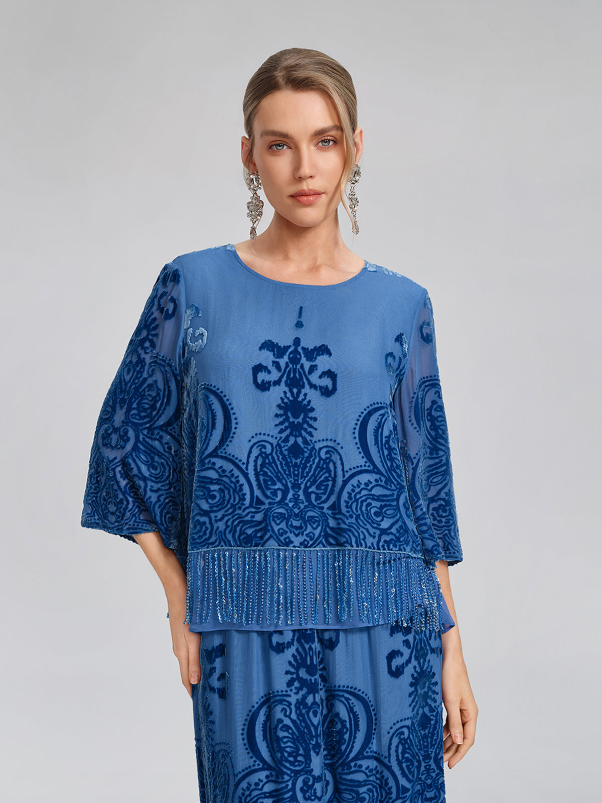 Silk Velvet Burnout Fringe Beaded Top