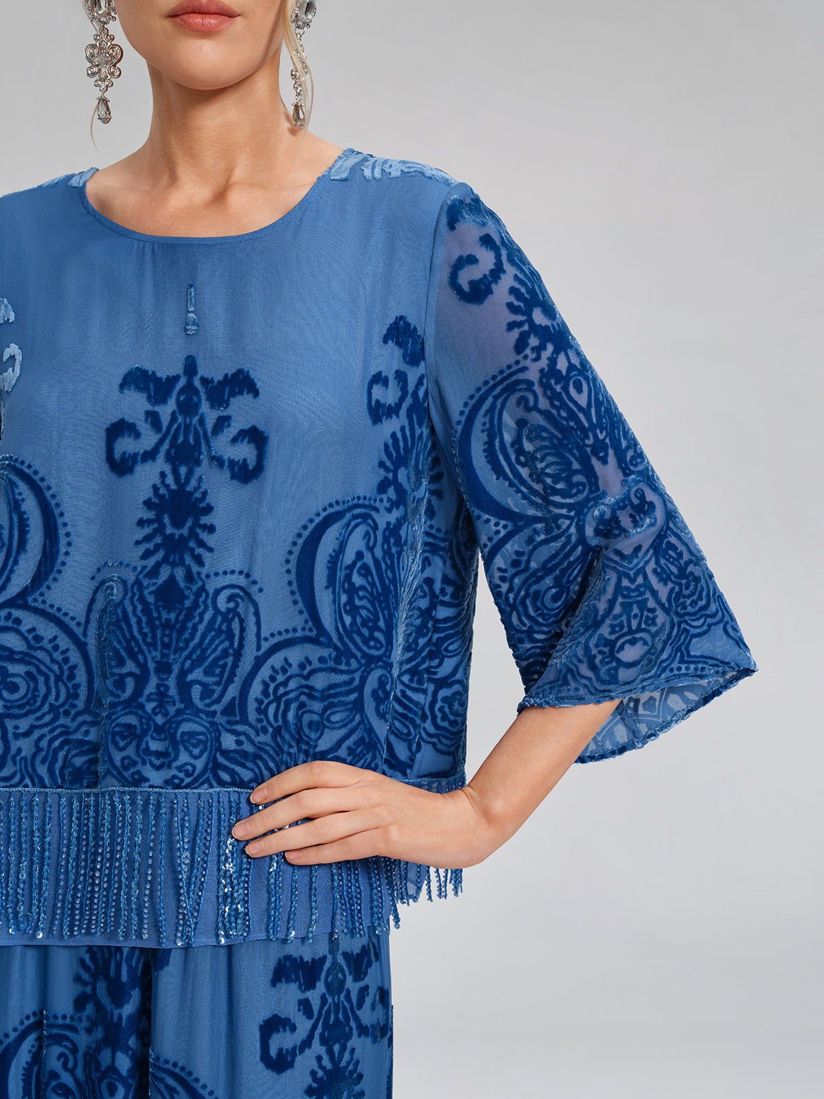 Silk Velvet Burnout Fringe Beaded Top