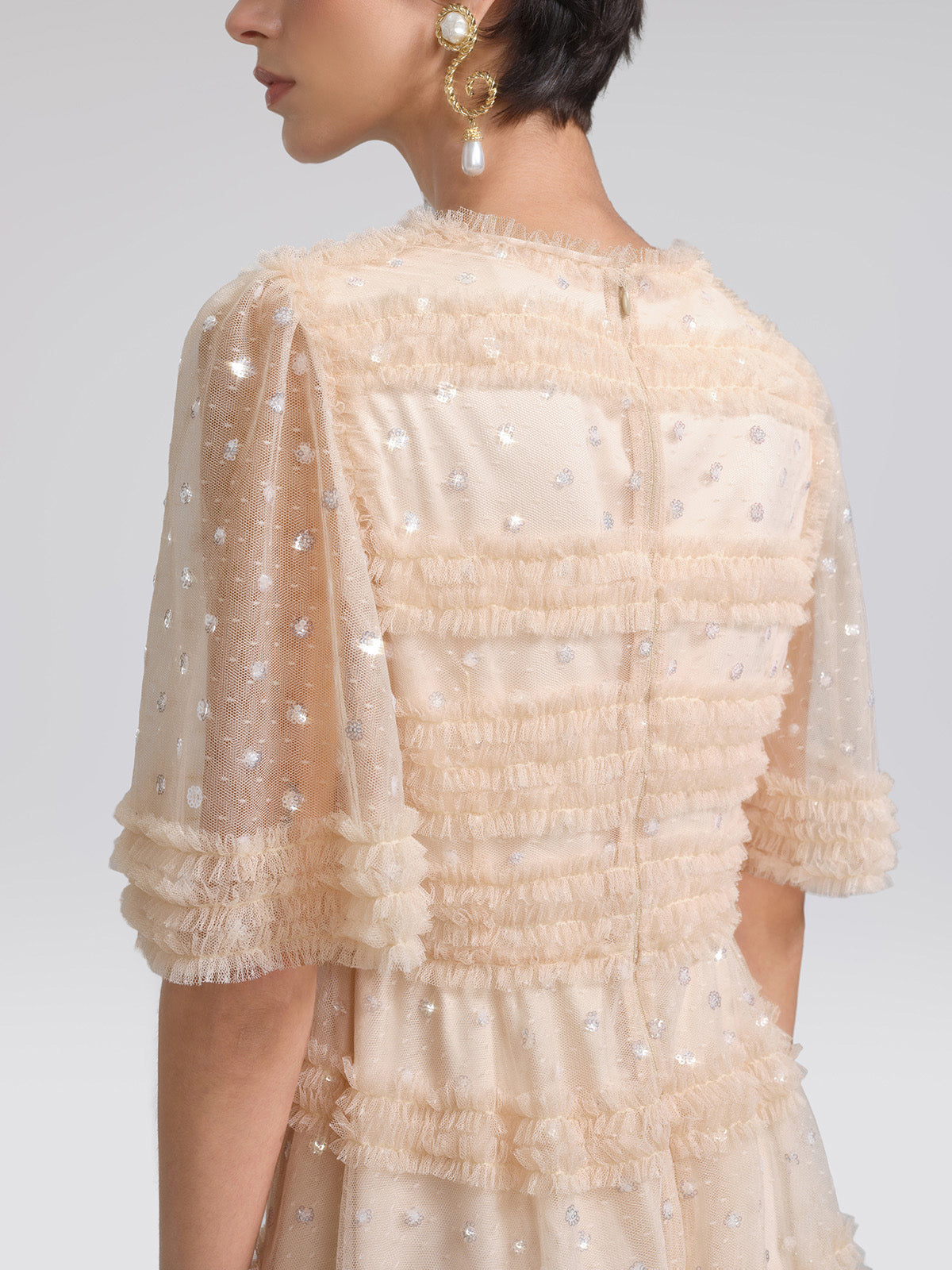 Sequin Embroidered Tulle Ruffled Maxi Dress