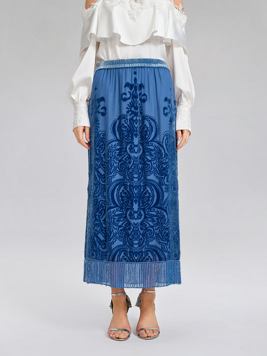 Silk Velvet Burnout Fringe Elasticated Waist Skirt