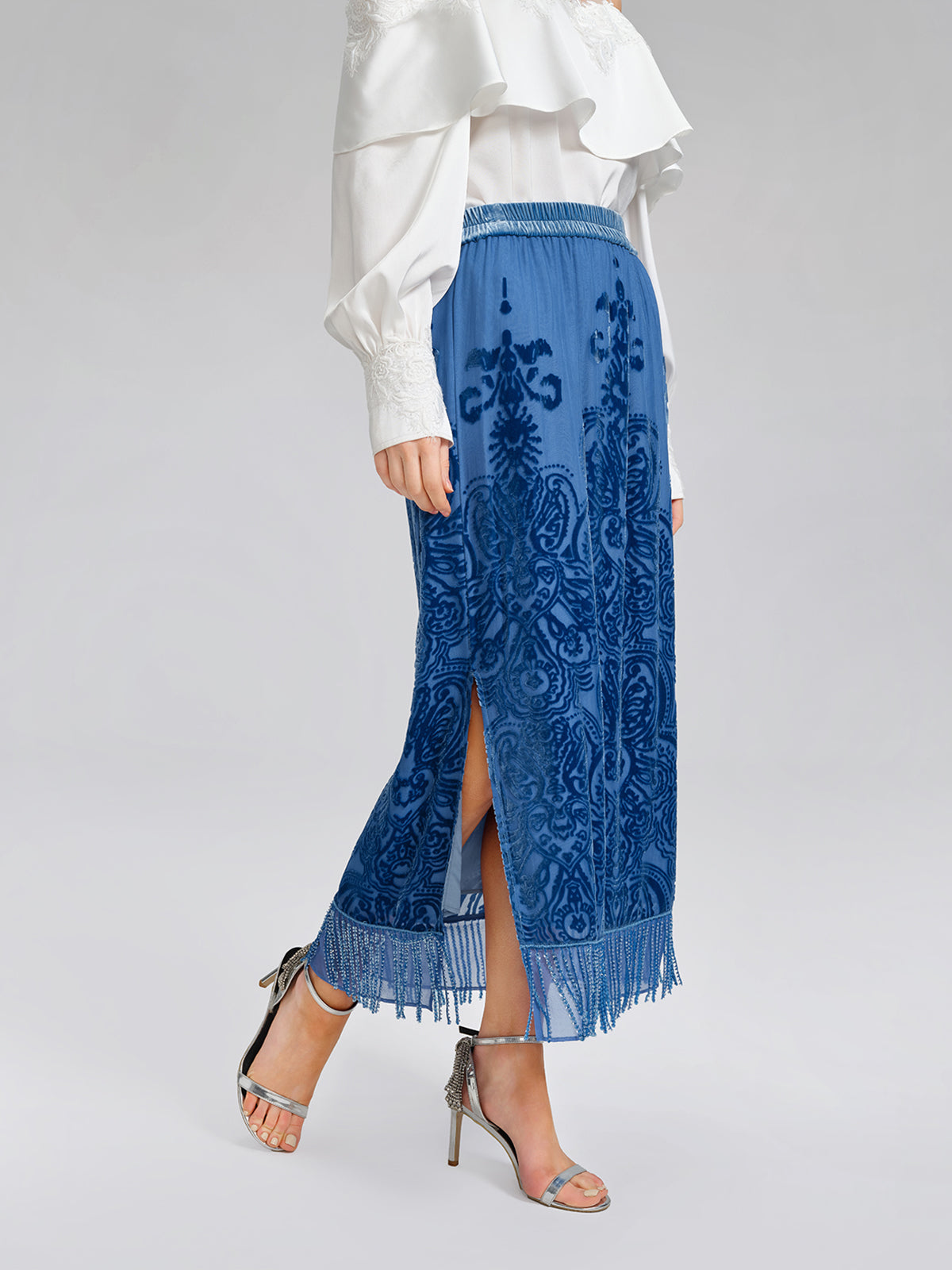 Silk Velvet Burnout Fringe Elasticated Waist Skirt