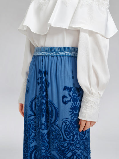 Silk Velvet Burnout Fringe Elasticated Waist Skirt