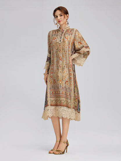 Artistic Botanical Print Lace-Trim Dress (Belt Included)