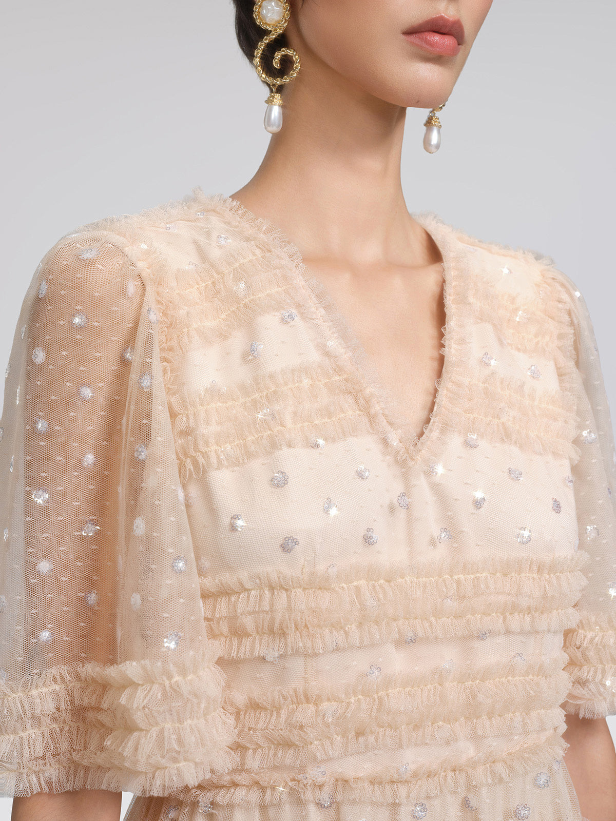Sequin Embroidered Tulle Ruffled Maxi Dress