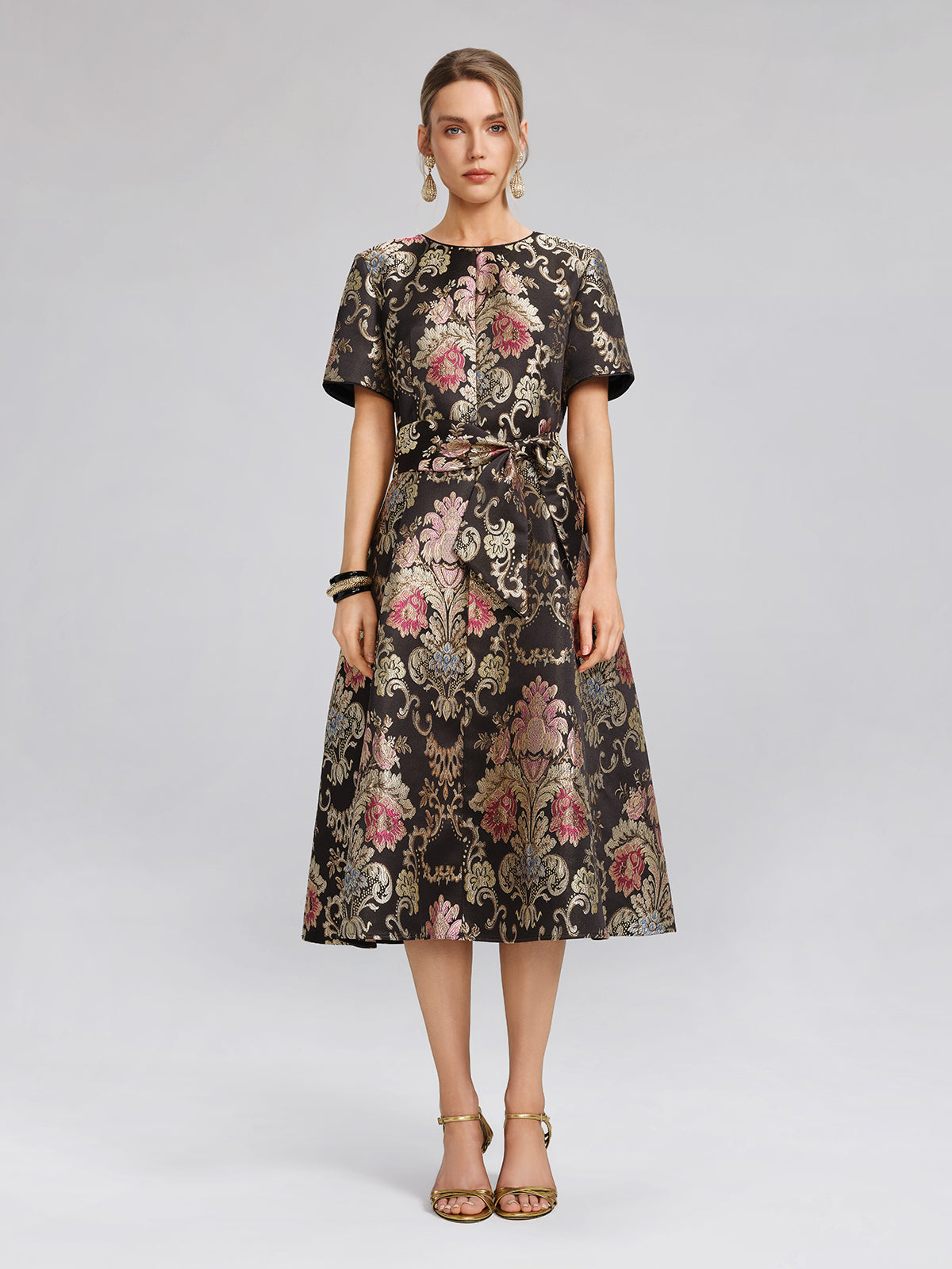 Vintage Metallic Embroidered Evening Gown Dress