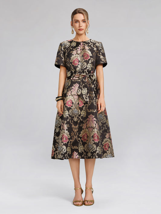 Vintage Metallic Embroidered Evening Gown Dress