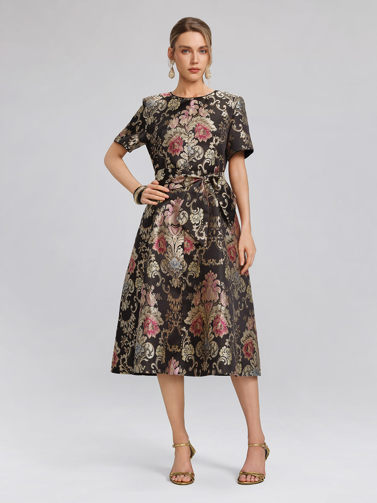 Vintage Metallic Embroidered Evening Gown Dress