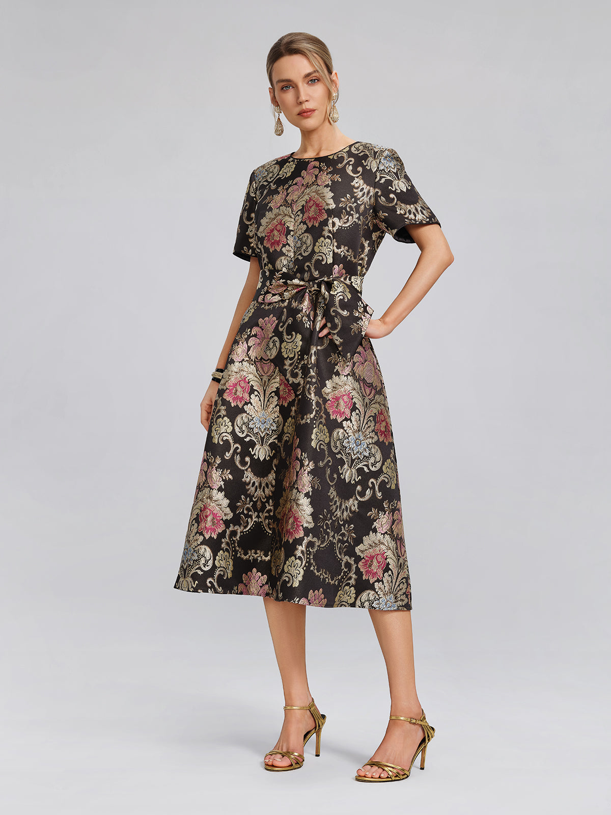 Vintage Metallic Embroidered Evening Gown Dress