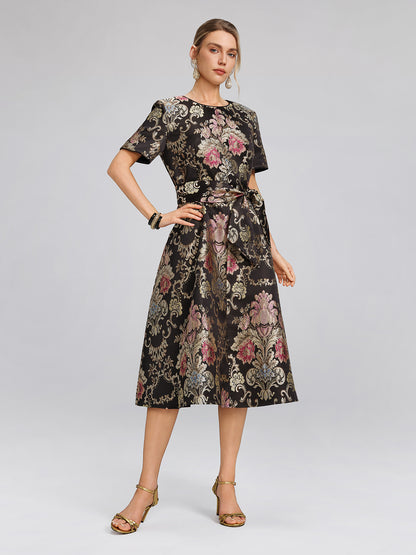 Vintage Metallic Embroidered Evening Gown Dress