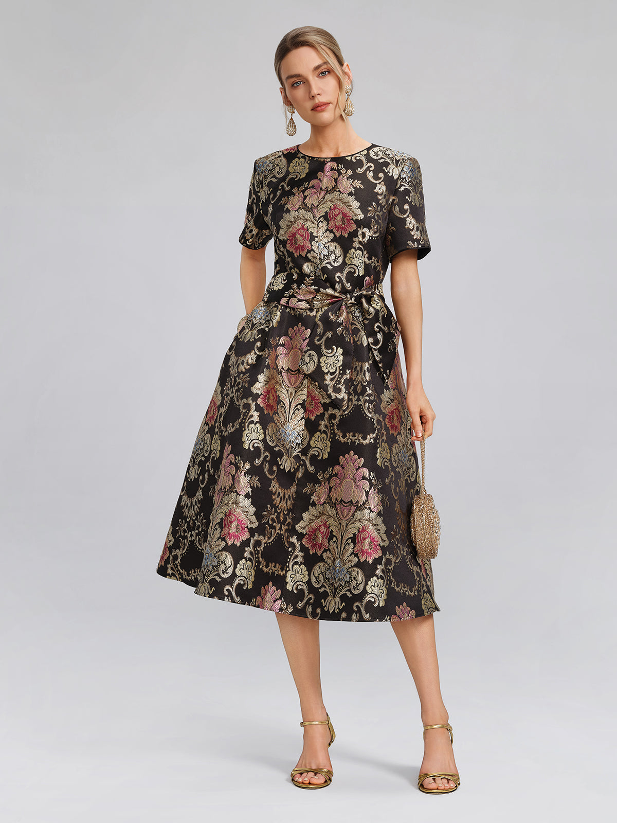 Vintage Metallic Embroidered Evening Gown Dress