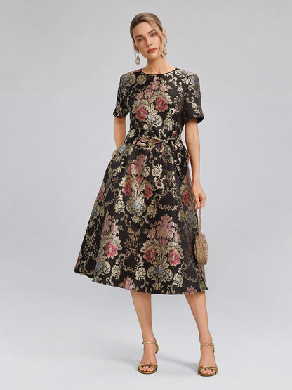 Vintage Metallic Embroidered Evening Gown Dress