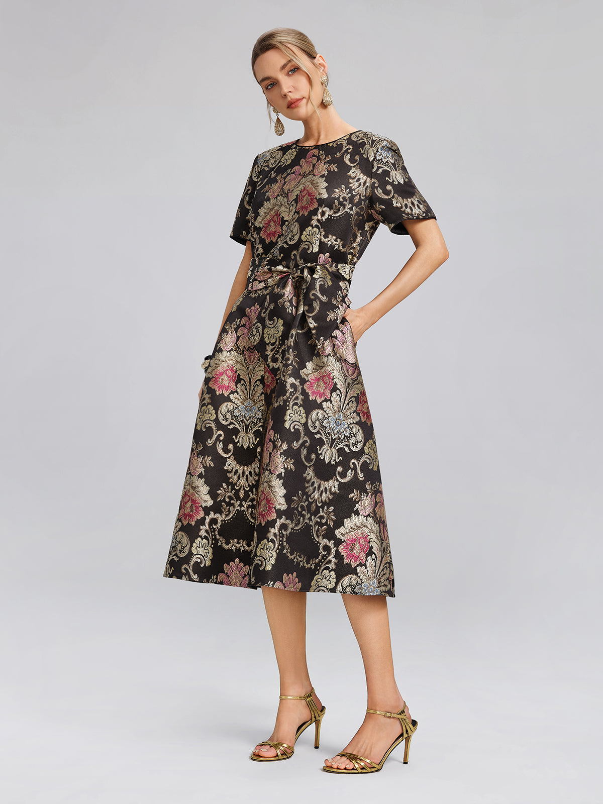 Vintage Metallic Embroidered Evening Gown Dress