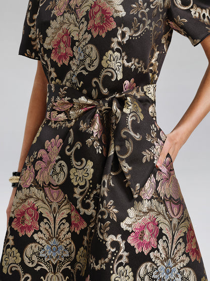 Vintage Metallic Embroidered Evening Gown Dress