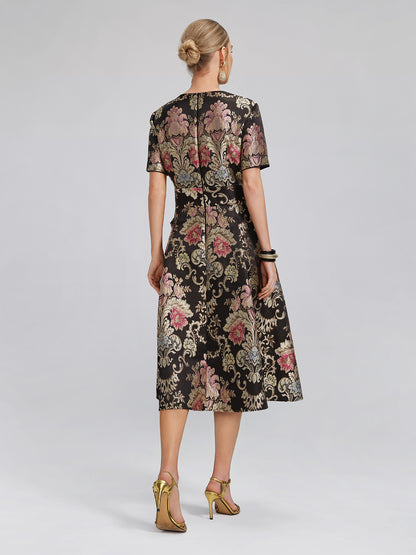 Vintage Metallic Embroidered Evening Gown Dress