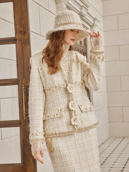 Hand-Beaded Floral Check Tweed Hat