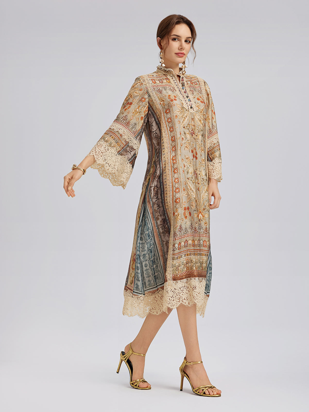 Artistic Botanical Print Lace-Trim Dress (Belt Included)