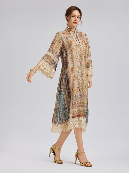 Artistic Botanical Print Lace-Trim Dress (Belt Included)