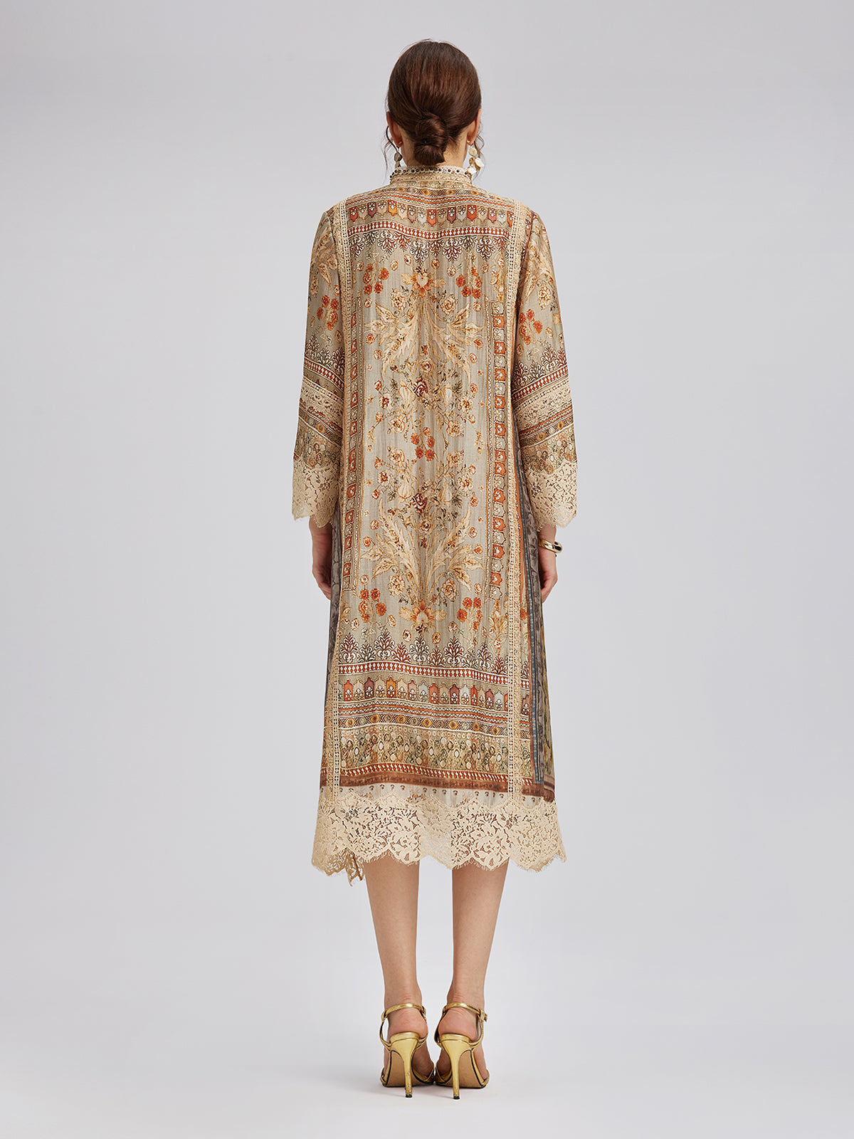 Artistic Botanical Print Lace-Trim Dress (Belt Included)