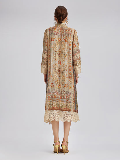 Artistic Botanical Print Lace-Trim Dress (Belt Included)