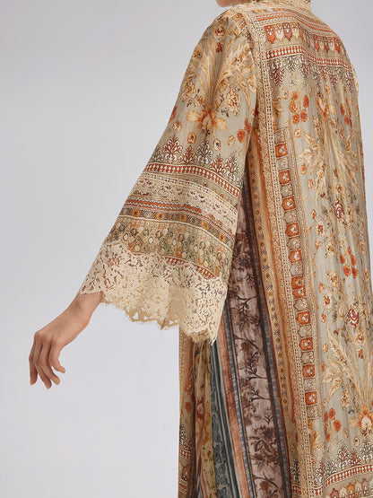 Artistic Botanical Print Lace-Trim Dress (Belt Included)