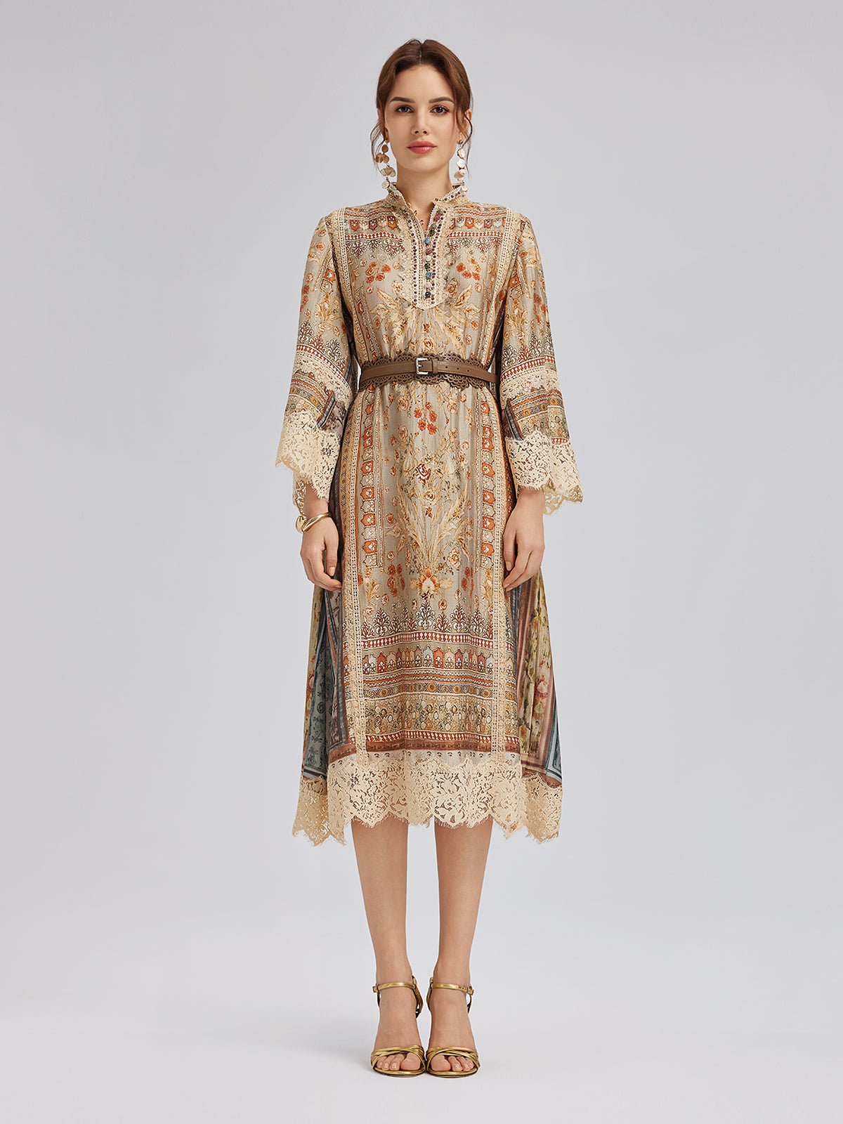 Final Sale | Artistic Botanical Print Lace-Trim Dress (Belt Included)