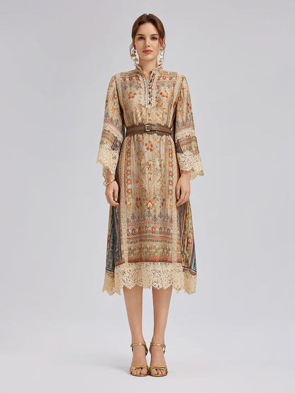 Artistic Botanical Print Lace-Trim Dress (Belt Included)