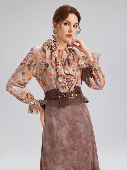 Silk Velvet Devoré Rose Pink Ruffle Blouse