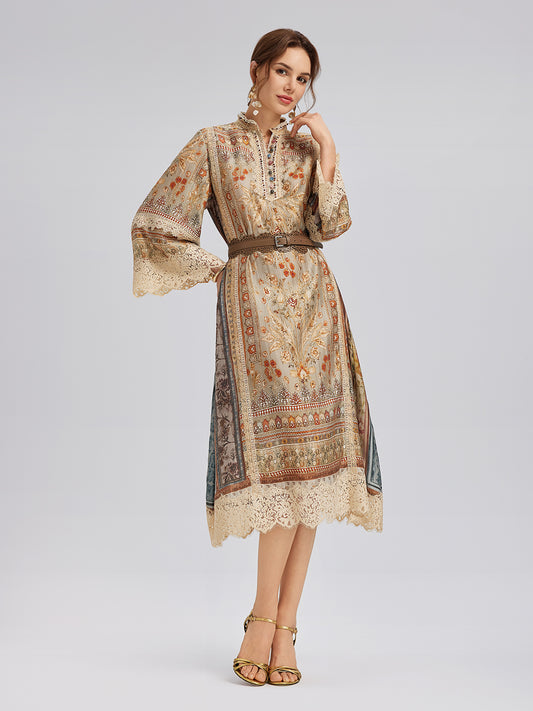 Artistic Botanical Print Lace-Trim Dress (Belt Included)
