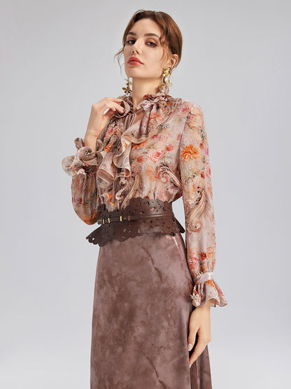 Silk Velvet Devoré Rose Pink Ruffle Blouse