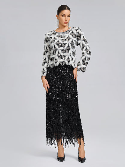 Beaded Floral Long-Sleeve Knit Sweater